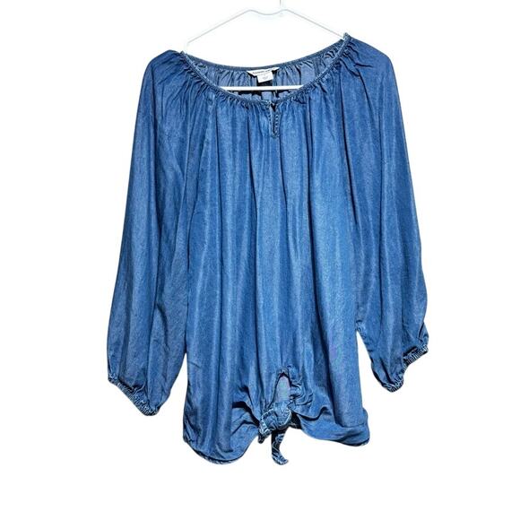 Allison Daley Tops - Allison Daley Chambray Lyocell Peasant Blouse Size Large Blue Tie Front Boho